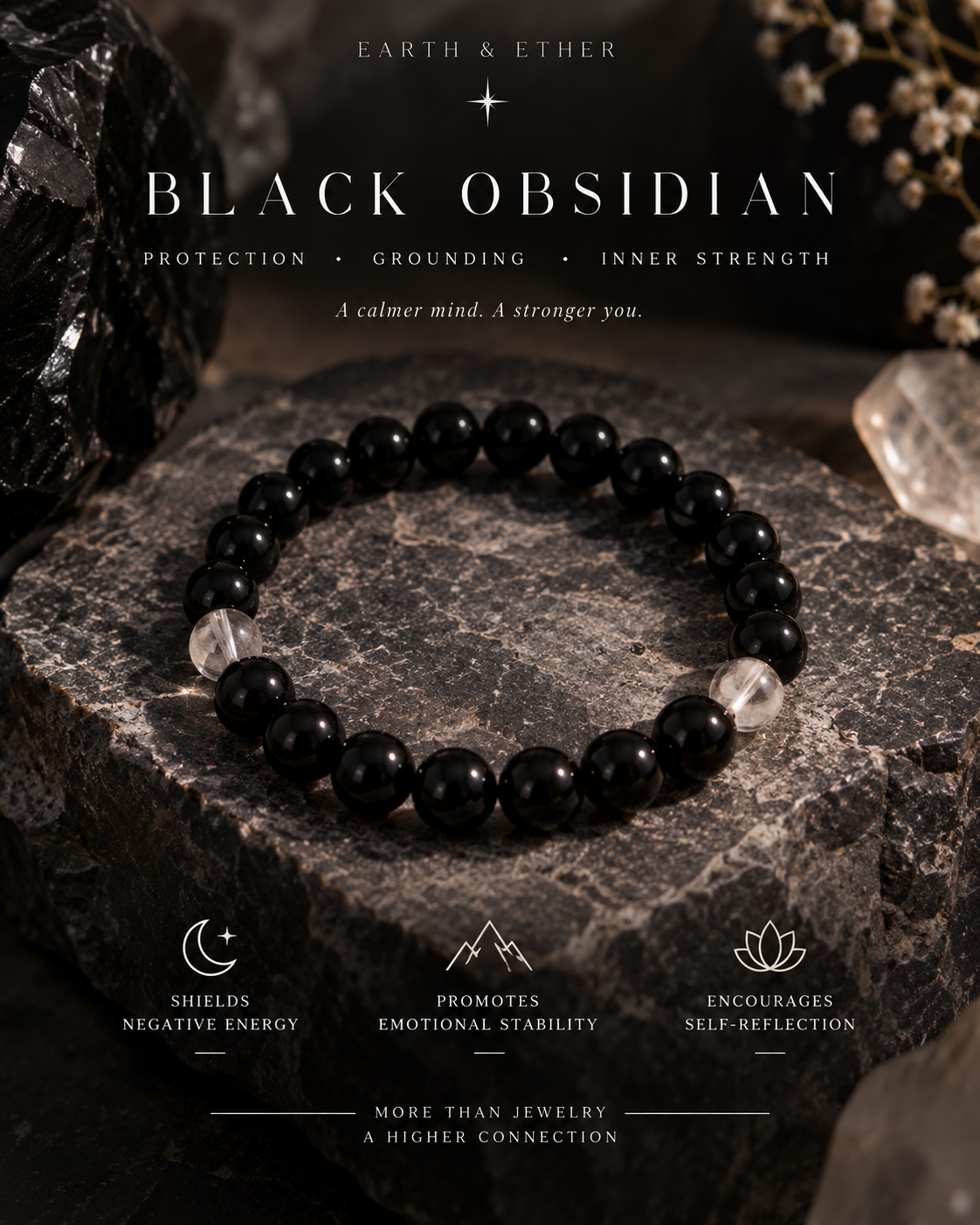 Black Obsidian + Clear Quartz Bracelet